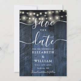 Blauw rustiek houten slingerlicht boho bruiloft save the date