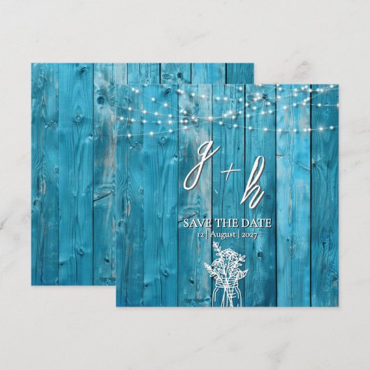 Blauw Rustiek Houten Slingerlichten Chic Save the  (Voorkant / Achterkant)