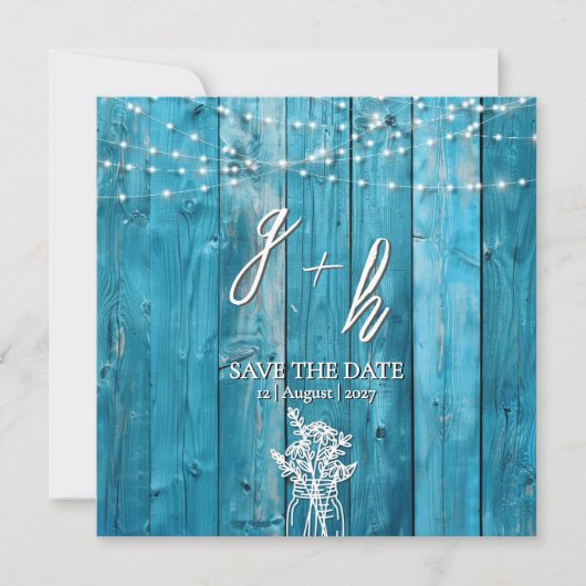 Blauw Rustiek Houten Slingerlichten Chic Save the (Voorkant)