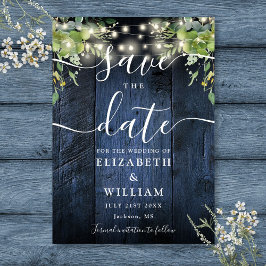 Blauw rustiek houten slingerlichten groen bruiloft save the date