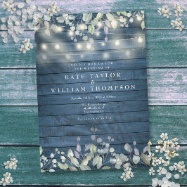 Blauw rustiek houten slingerlichten groen Huwelijk Kaart