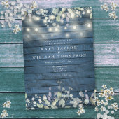 Blauw rustiek houten slingerlichten groen Huwelijk Kaart