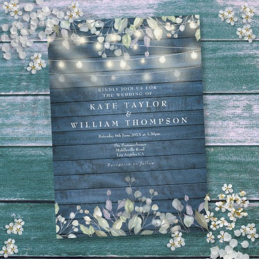 Blauw rustiek houten slingerlichten groen Huwelijk Kaart