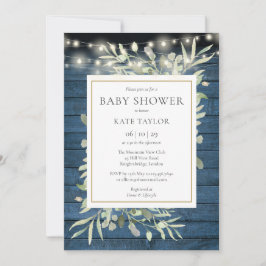 Blauw rustiek houten slingerlichten loof baby show kaart
