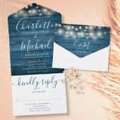 Blauw rustiek houten slingerlichten monogram bruil all in one uitnodiging