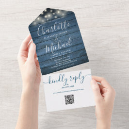 Blauw rustiek houten slingerlichten QR-code bruilo All In One Uitnodiging