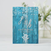 Blauw Rustiek Houten Slingerlichten Save the Dates Date (Staand voorkant)