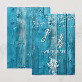 Blauw Rustiek Houten Slingerlichten Save the Dates Date (Voorkant / Achterkant)