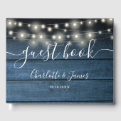 Blauw Rustiek Houten Slingerlichten Script Bruilof Gastenboek (Voorkant)