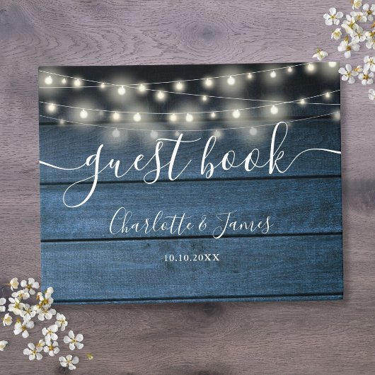 Blauw Rustiek Houten Slingerlichten Script Bruilof Gastenboek