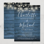 Blauw Rustiek Houten Slingerlichten Script Verlovi Kaart (Voorkant / Achterkant)