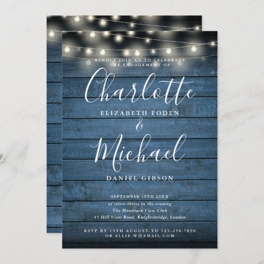 Blauw Rustiek Houten Slingerlichten Script Verlovi Kaart (Voorkant / Achterkant)