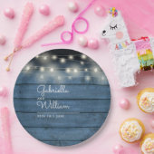 Blauw Rustiek Houten Slingerlichtjes Scriptie Brui Papieren Bordje (Feest)