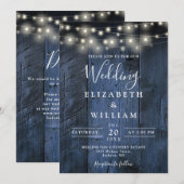 Blauw Rustiek Houten Trouw Slingerlichten QR Code Kaart (Voorkant / Achterkant)