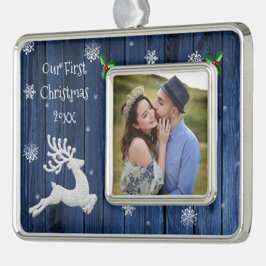 Blauw rustiek Kerstmis rendier eerst ingelijst Verzilverd Omlijst Ornament (Links)