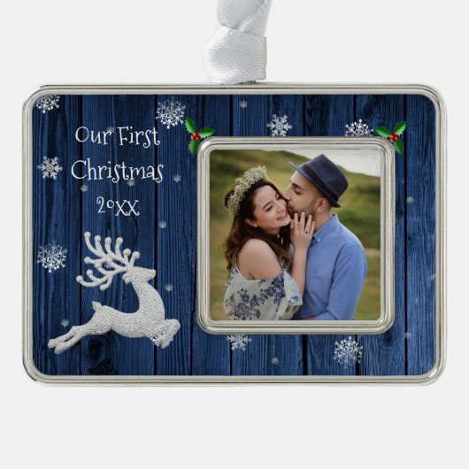 Blauw rustiek Kerstmis rendier eerst ingelijst Verzilverd Omlijst Ornament (Voorkant)