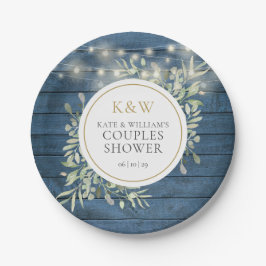 Blauw rustiek monogram groen bruidspaar shower papieren bordje
