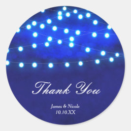 Blauw rustiek nachtlint met lichtjes huwelijksstic ronde sticker