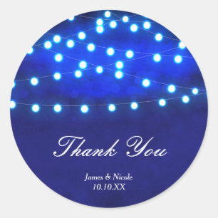 Blauw rustiek nachtlint met lichtjes huwelijksstic ronde sticker