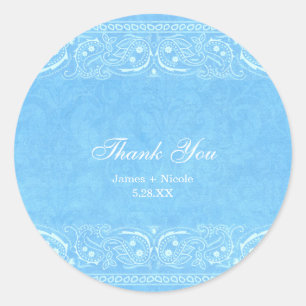 Blauw rustiek paisley country western bruiloft ronde sticker