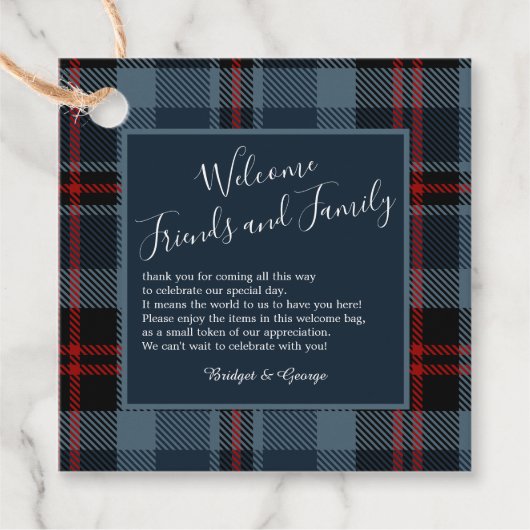 blauw rustiek schotse tartan bruiloft bedankjes labels (Voorkant)