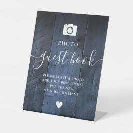 Blauw rustiek schuur hout boho foto gastenboek reclamebord met voetstuk