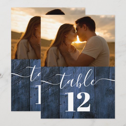 Blauw Rustiek Schuur Hout Boho Foto Tafelnummer (Voorkant / Achterkant)