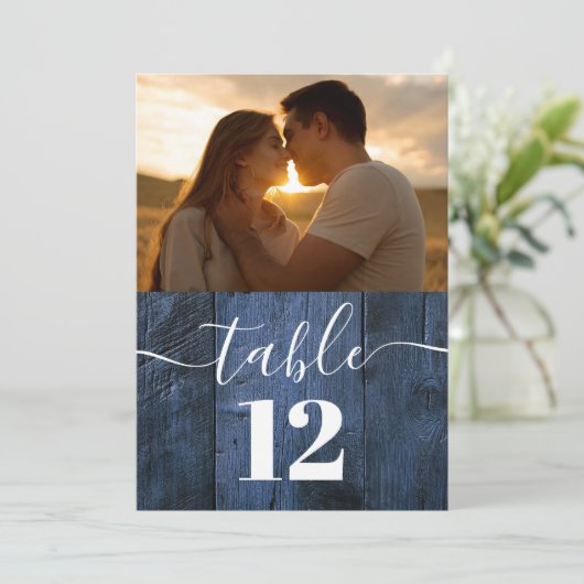 Blauw Rustiek Schuur Hout Boho Foto Tafelnummer (Staand voorkant)