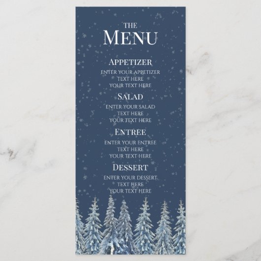 Blauw rustiek winter bos bruiloftsmenu menu (Voorkant)