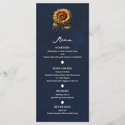 Blauw Rustiek Zonnebloem Bruiloft Menu (Voorkant)