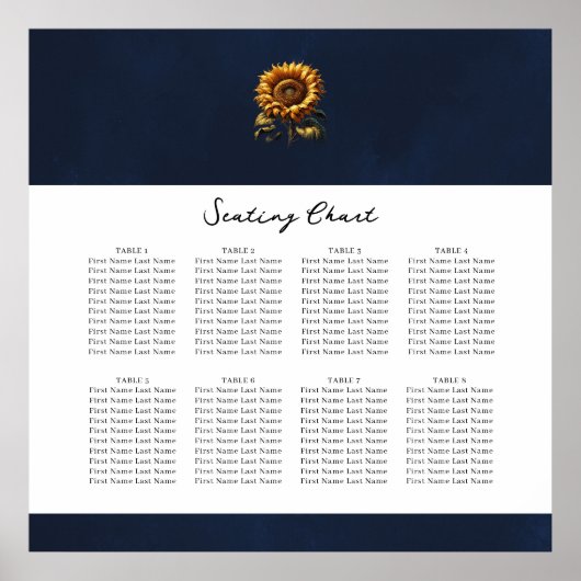 Blauw rustiek Zonnebloem Bruiloft Zittingkaart Poster (Voorkant)
