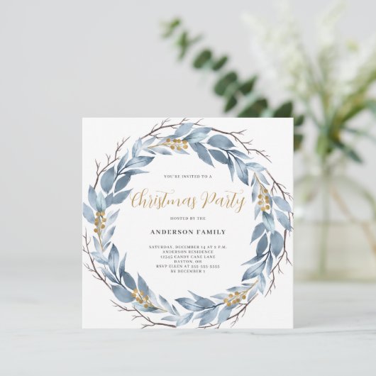 Blauw Rustieke Aquarel Kerstfeest  Kaart (Staand voorkant)