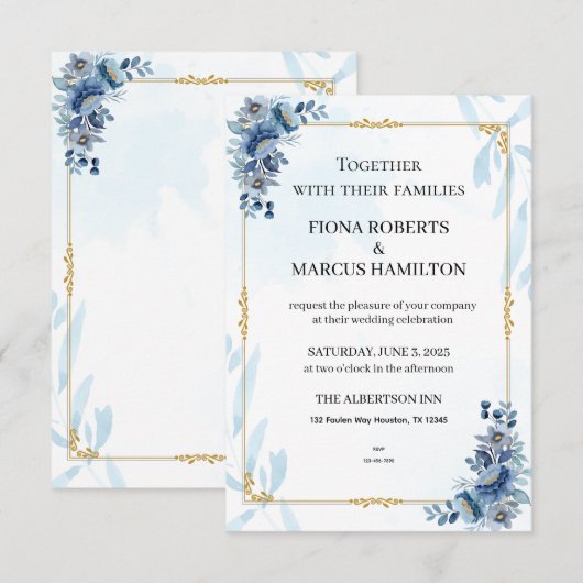 Blauw rustieke bloemige elegante 'Save the Date' RSVP Kaartje (Voorkant / Achterkant)