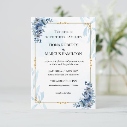 Blauw Rustieke Bloemige Elegante "Save the Date" Save The Date (Staand voorkant)