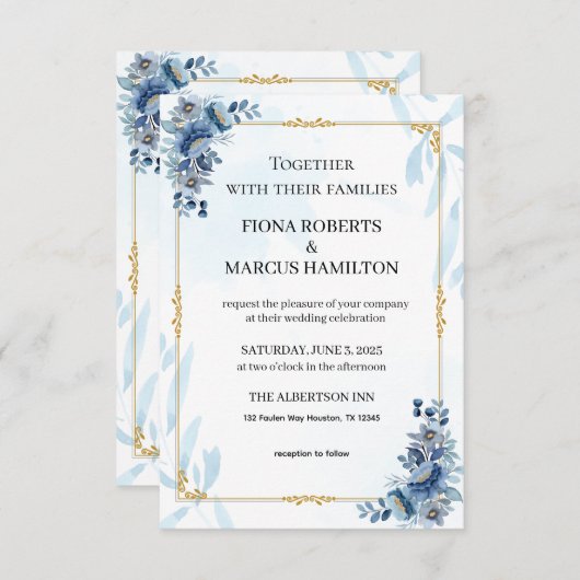 Blauw Rustieke Bloemige Elegante "Save the Date" Save The Date (Voorkant / Achterkant)