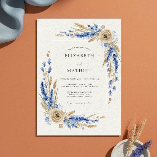 Blauw Rustieke Botanische Bruiloft Kaart