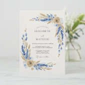 Blauw Rustieke Botanische Bruiloft Kaart (Staand voorkant)