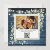 Blauw rustieke groene foto QR-code bruidsuitnodigi Kaart (Achterkant)