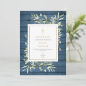 Blauw rustieke groene funeral herdenking gouden kr bedankkaart (Staand voorkant)