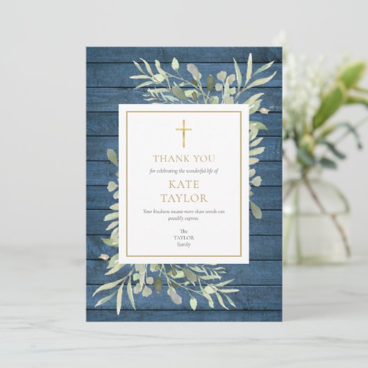 Blauw rustieke groene funeral herdenking gouden kr bedankkaart (Staand voorkant)