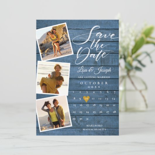 Blauw Rustieke Houten Foto Collage Agenda Trouw Save The Date (Staand voorkant)