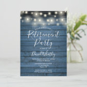 Blauw Rustieke Houten Slingerlichten Pensioenfeest Kaart (Staand voorkant)