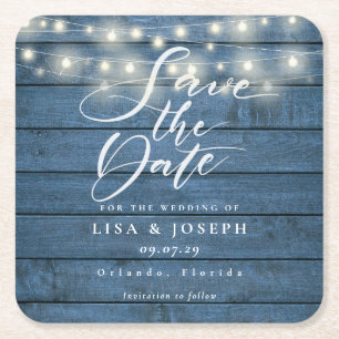 Blauw Rustieke Houten Slingerlichten Save the Date Kartonnen Onderzetters