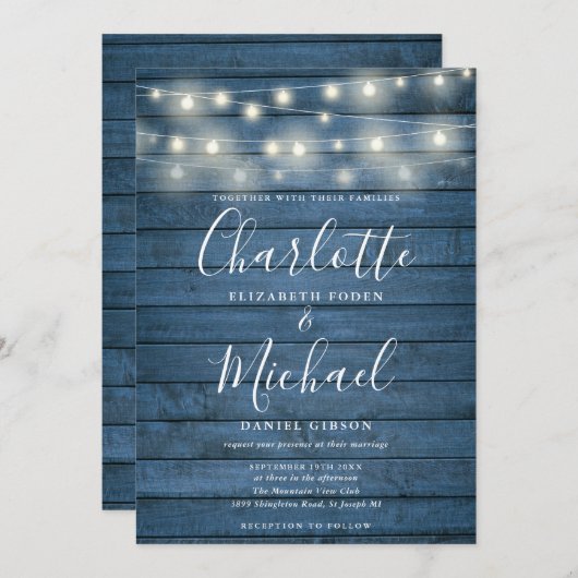 Blauw Rustieke Houten Slingerlichten Script Bruilo Kaart (Voorkant / Achterkant)