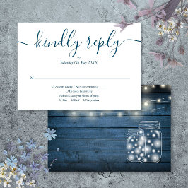 Blauw Rustieke Houten Slingerlichten Script Bruilo RSVP Kaartje