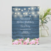 Blauw Rustieke Houten Slingerlichtjes Bloem Bruilo Kaart (Staand voorkant)