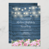 Blauw Rustieke Houten Slingerlichtjes Bloem Bruilo Kaart (Voorkant / Achterkant)
