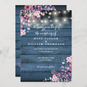 Blauw Rustieke Houten Slingerlichtjes Bloem Bruilo Kaart (Voorkant / Achterkant)