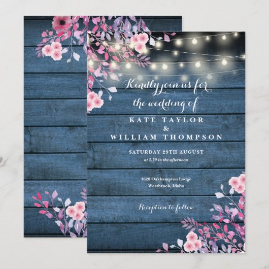 Blauw Rustieke Houten Slingerlichtjes Bloem Bruilo Kaart (Voorkant / Achterkant)