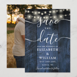 Blauw rustieke houten slingerlichtjes Boho foto br Save The Date